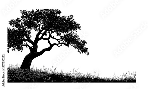 Wild nature, elm tree forest pack, prairie spring scene, forest silhouette, black tree, engraving style, vector illustration, woodland environment, scenic nature view, natural textures.