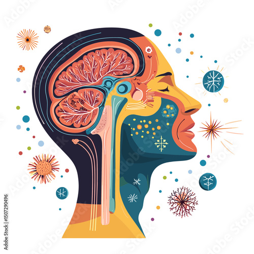 Graphic Profile Illustration of Person Coughing With Visible Brain and Body Systems in Yellow Orange and Blue