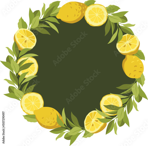 Vector Jewish Sukkot Holiday wreath with fresh lemons, lemon tree leaves and branch, half lemon, myrtle, willow. Perfect for product design, web, menu, cards etc. Floral round decorative frame