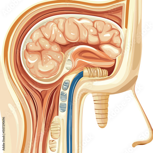 Human Brain Anatomy Cross Section Graphic Illustration Detailed Medical Diagram of Nervous System Structure in Head with Skull Educational