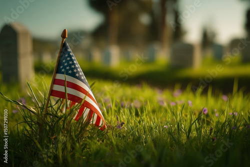 An American flag and tombstones in the background on green grass, a US military cemetery