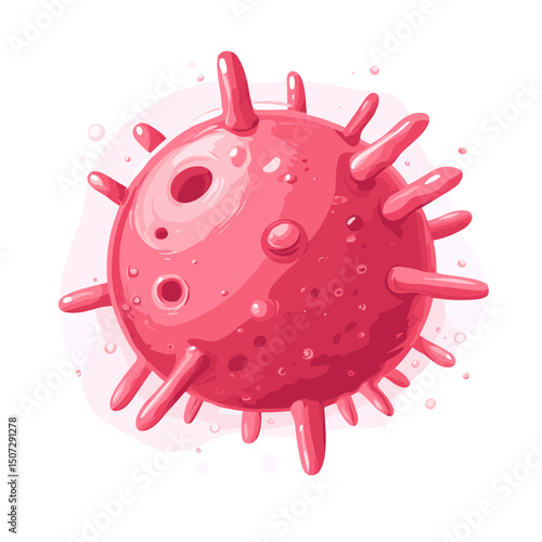 Illustrated Pink Virus Particle with Spikes on White Background Representing Infectious Disease and Microscopic Organisms in Medical and Scientific Contexts