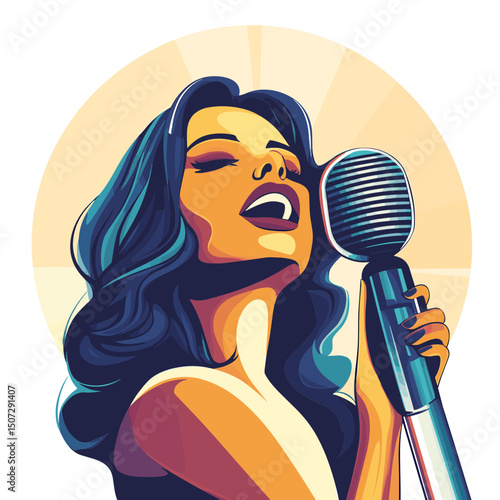 Illustration of a Soulful Female Singer Performing on Stage with Vintage Microphone and Circular Spotlight Background