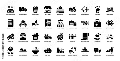 modern world food imbalance waste vs hunger issue icon set