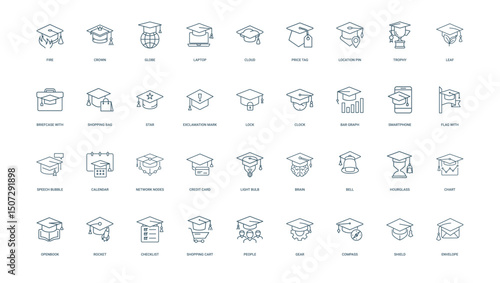 collection graduation cap icons uniquely themed elements concepts