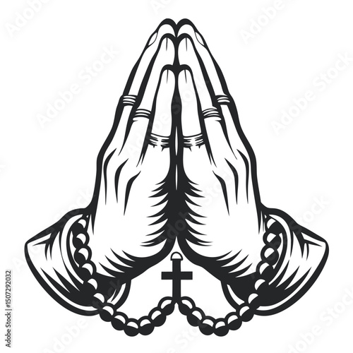 Praying hands with a rosary and cross. Monochrome vector illustration of a religious prayer gesture. Christian faith and worship symbol in a tattoo style.

