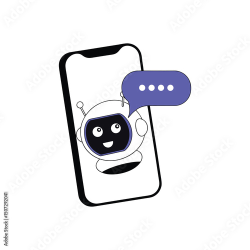 Robot presenting message in speech bubble, mobile app design element, digital communication. Ideal for customer support, chatbot services, AI interaction, online tools, virtual assistant