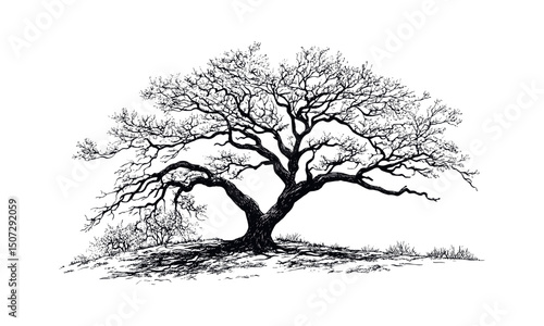 Prairie Woodland Elm Tree, spring forest design, wild tree, engraving style, forest silhouette, nature design, vector illustration, outdoor scenery, rustic nature, eco landscape.