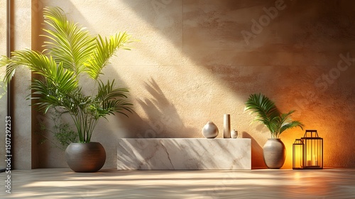 Contemporary Harmony of Marble and Timber in a Minimalist Bedroom Setting with Botanical and Illumination Accents