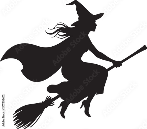 Witch on Broomstick Flying silhouette vector on white background