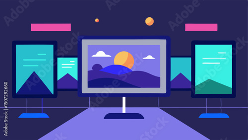 Digital Art Gallery A modern gallery setting showcasing framed digital artworks on screens rather than physical canvases emphasizing the beauty of digital creativity.