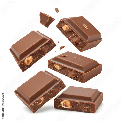 Milk chocolate pieces with hazelnuts floating on a white background
