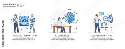 Set of illustrations concept with businessmen. technology, partnership, artificial intelligence business robot, cybes. linear illustration Icons infographics. Landing page site print poster. Line