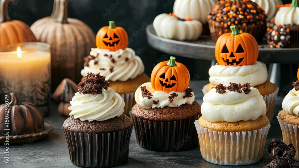 Halloween cupcakes with pumpkin toppers and creamy frosting on festive dessert table with candles and fall decorations, holiday party treat concept
Halloween cupcakes with pumpkin toppers and creamy frosting on festive dessert table with candles and fall decorations, holiday party treat concept