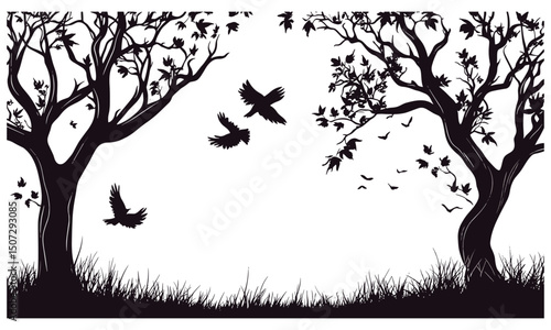 Vintage elm tree silhouette, forest art, autumn prairie scene, black tree, nature clipart, seasonal nature, tree vector, vector illustration, botanical art, nature-inspired design, wilderness graphic.