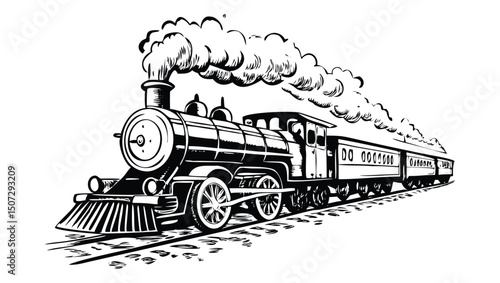 Steam locomotive train set collection bundle transportation history, railways, travel posters, sketch engraving generative ai vector illustration. Scratch board imitation. Black and white image.