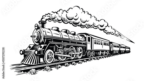 Steam locomotive train set collection bundle transportation history, railways, travel posters, sketch engraving generative ai vector illustration. Scratch board imitation. Black and white image.