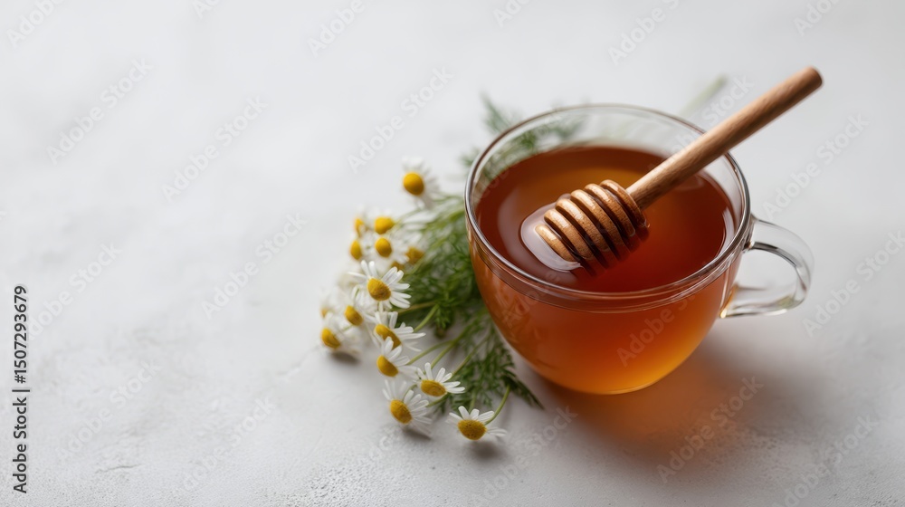 Fototapeta premium A soothing cup of honey tea, garnished with fresh chamomile flowers, perfect for relaxation and wellness. Ideal for health enthusiasts and those seeking comfort in beverages.