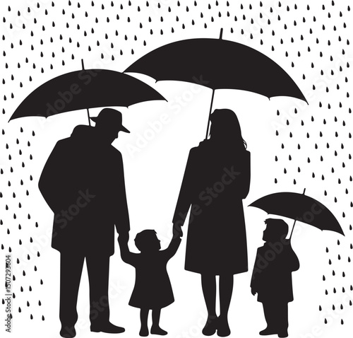 Umbrella in the Rain: A monochromatic artistic depiction of an umbrella shielding from a downpour, emphasizing protection and weather-related elements.