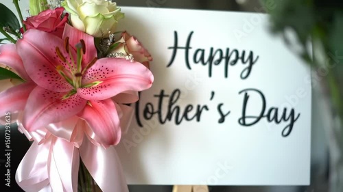Floral Arrangement Beside Happy Mothers Day Sign Close Up Still Life