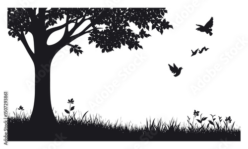 Spring Woodland Vector Illustration, Elm Tree Silhouette, Forest Scene Icons, Wild Tree Nature, Black Tree Vector, Prairie Style Landscape, tree outline, scenic forest, transparent background.
