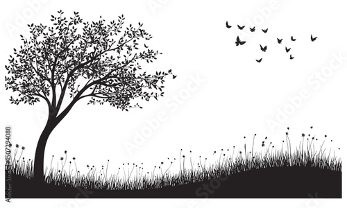 Prairie Woodland Scene, Elm Tree Silhouette, Vector Illustration, Forest Nature Icon, Spring Wild Tree, Tree Vector, Natural Landscape, black tree, wilderness scene, forest art, png.