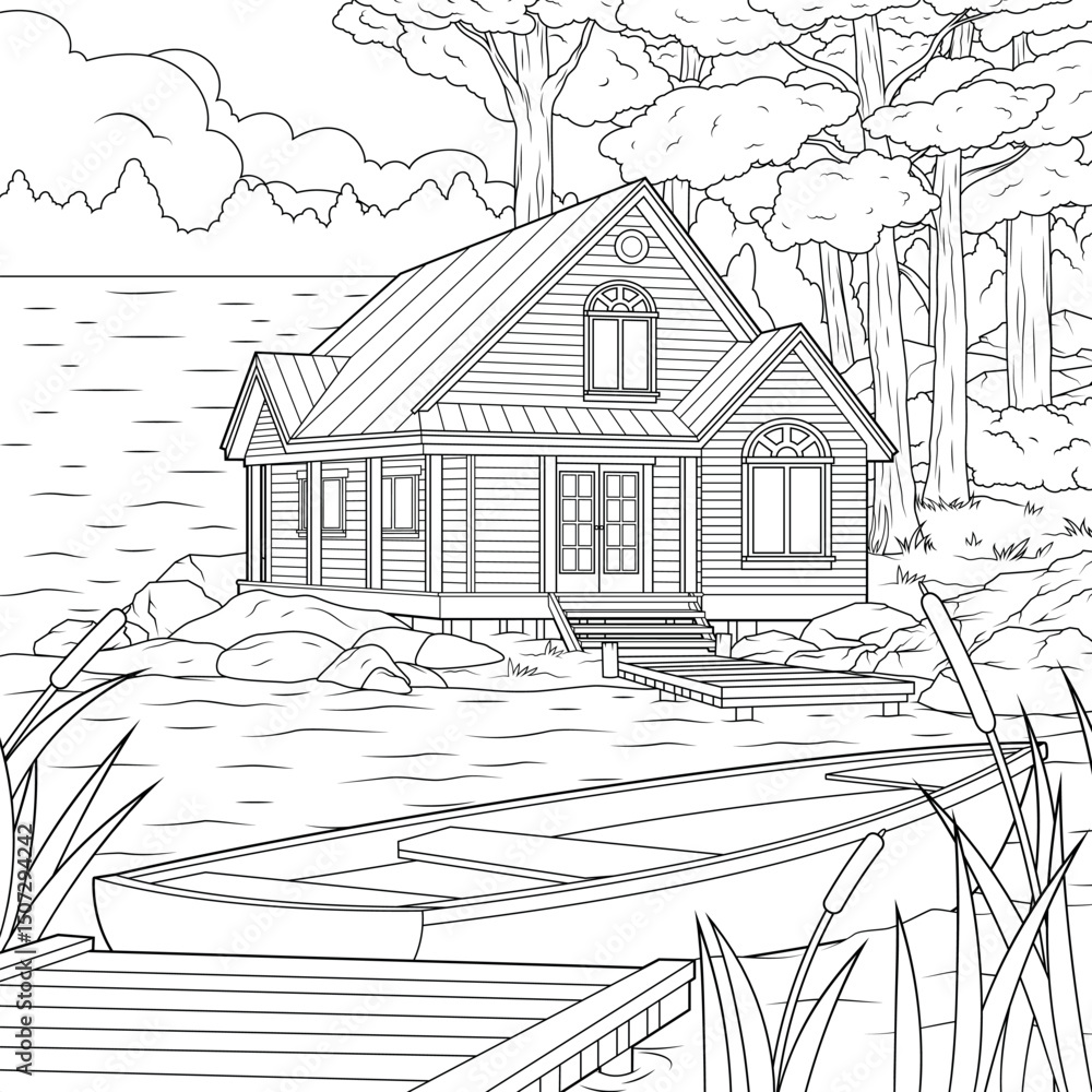 Naklejka premium Vector illustration, house by the lake