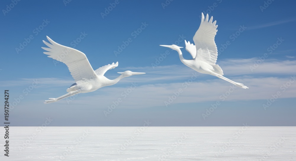 Fototapeta premium White Herons Flying Over a White Surface in the Sky