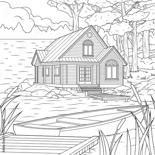 Vector illustration, house by the lake