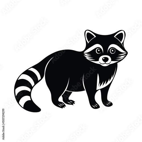 Cute cartoon vector illustration of a black tabby raccoon with a furry tail and playful paws.