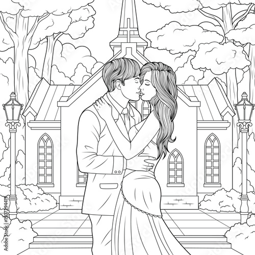 Vector illustration, man and girl embrace, declaration of love, coloring