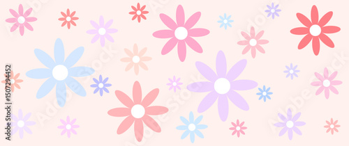 Daisy flowers with cartoon funny smiling faces, Cute camomile happy emotion. Kids logo design with daisies vector set. Illustration of smile floral flower, bloom camomile. Hippie 60s, 70s style.	
