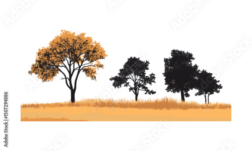 Prairie Woodland Forest in Autumn Scene, Elm Tree Vector Illustration, Natural Art, Black Tree Silhouette, Seasonal PNG Tree, rural nature view, scenic countryside.