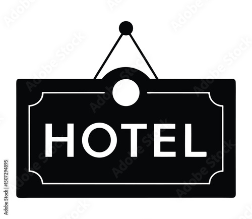 Hanging signboard with chains. Front side view. Outdoor hanging shop sign board. Blank hotel, shop or store vintage. Ornate signs post with copyspace. Ornamental corners, decoration, retro style.