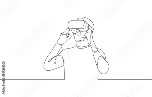 Young man wearing 3d or VR glasses in continuous one line drawing, Virtual reality game player concept one line draw design vector illustration.