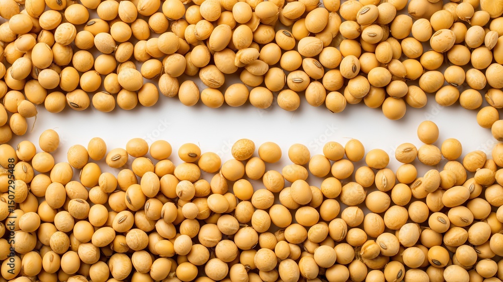 Pile of dried tan colored soy beans beans densely packed and scattered on white surface Pile of dried tan colored soy beans beans densely packed and scattered on white surface