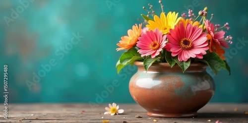 Wallpaper Mural A vibrant ceramic pot overflowing with colorful flowers, symbolizing joy and contentment Perfect for concepts of well-being, positivity, and inner peace , botany, colorful flowers Torontodigital.ca