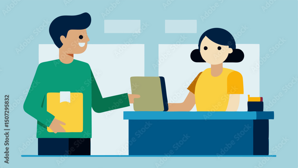 Fototapeta premium Customer Service Interaction A friendly customer service representative helping a customer return an item with a receipt and a product box on the counter.