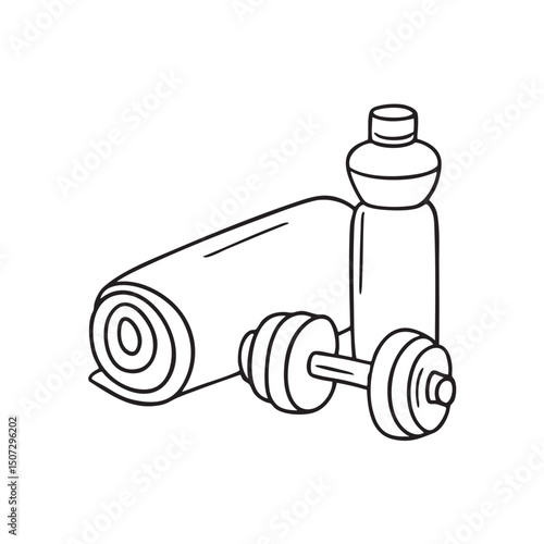 A towel placed beside a dumbbell and bottle
