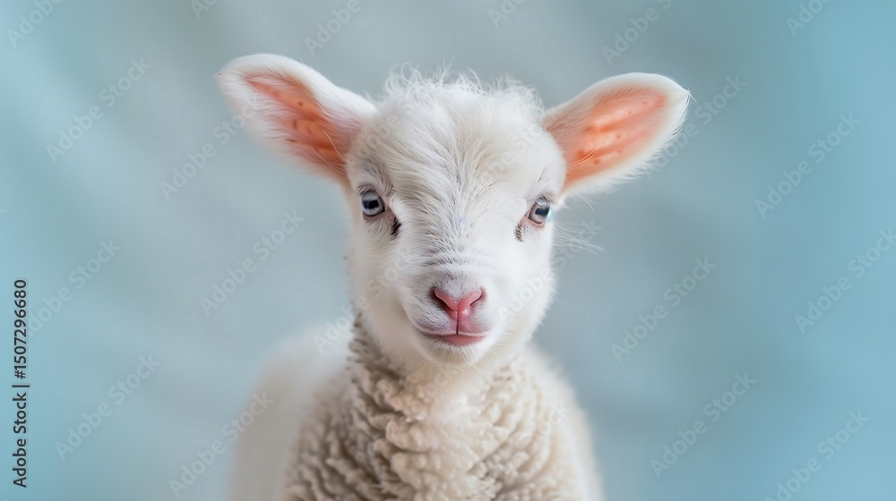Fototapeta premium Adorable White Baby Lamb Portrait on Soft Blue Background, studio animal photo, copy space