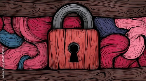 A wooden padlock secures a collection of colorful textured fibers