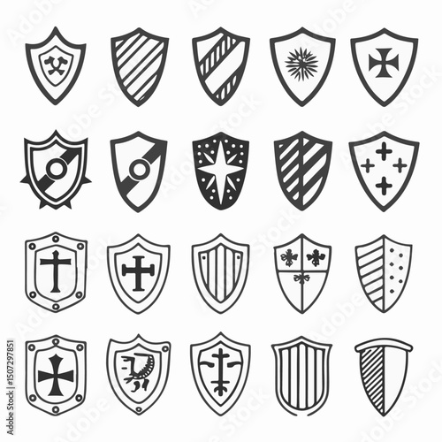 Shield Icon Set – Protective, Security & Defense Symbols,  Security & Protection Symbols,  Safety Vector Pack, Powerful Symbols for Trustworthy Designs, Cybersecurity & Protection