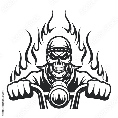 Stylized Skull Biker with Flames, Illustration for Motorcycle Culture and Hard Rock Theme Designs, Isolated on White.                                 