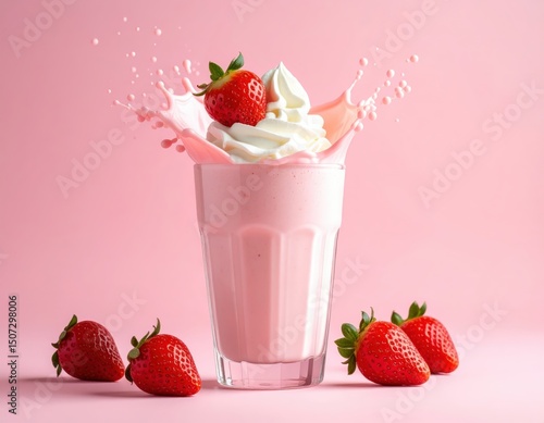 Strawberry Milkshake Delight: A vibrant splash of a strawberry milkshake, topped with fresh strawberries and whipped cream, creating a refreshing and delightful visual experience.