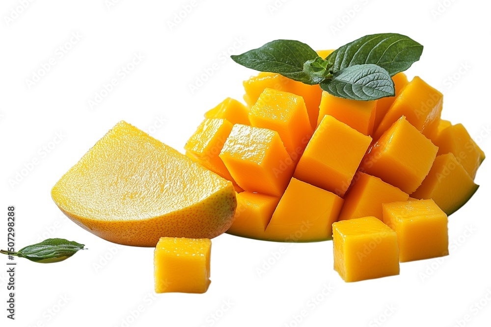 Bright yellow mango is cut into cubes and arranged with mint leaves on a clean surface Bright yellow mango is cut into cubes and arranged with mint leaves on a clean surface