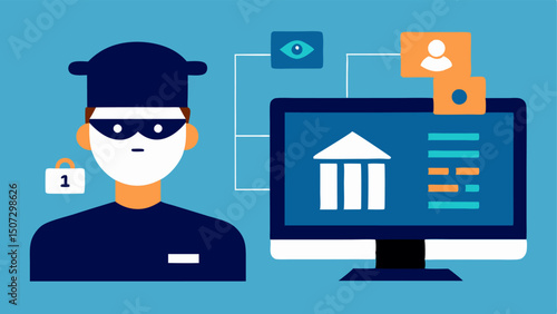 Facial Recognition A security guard operating a facial recognition software interface on a computer screen identifying robbers while checking against a bank robbery suspect