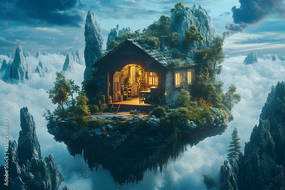 Fototapeta premium A small, cozy house rests on a floating island amongst the clouds.