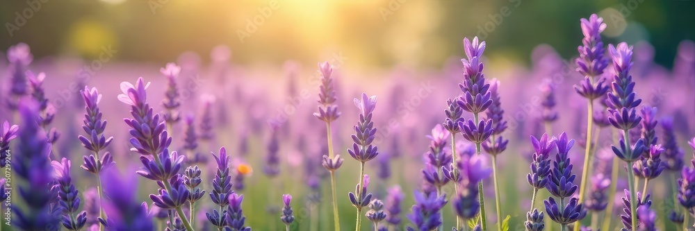 Obraz premium A tranquil field of lavender flowers swaying gently in the breeze, bathed in soft sunlight The purple hues create a serene and calming atmosphere, perfect for relaxation and mindfulness , sun, herbal