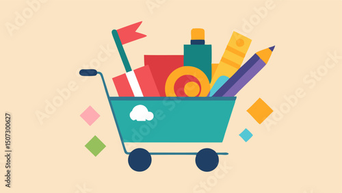 Crafting Corner A shopping cart filled with arts and crafts supplies like paint brushes and fabric surrounded by colorful paper and ribbons emphasizing creativity and fun.