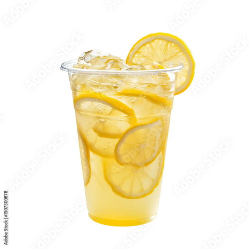 Front view of A Clear plastic cup filled Lemonade with iced isolated [Transparent Background PNG].